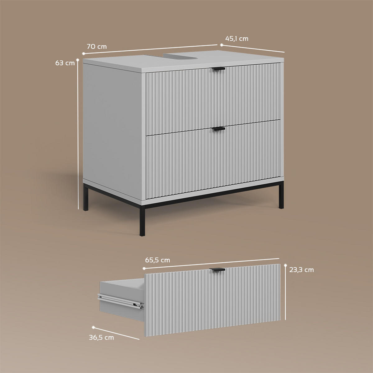 WASCHBECKENUNTERSCHRANK Aterno Grau 70 x 63 cm mit 2 ausziehbaren Schubladen - Grau, Holzwerkstoff (70/63/45.1cm) - Livinity®