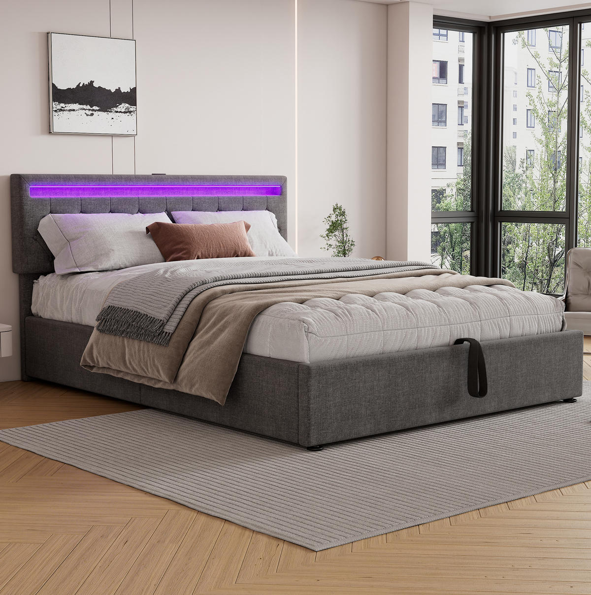 POLSTERBETT aus Leinen 160x200 cm in Grau mit LED-Beleuchtung & USB-C - Grau, Textil (160/200cm) - Modfu