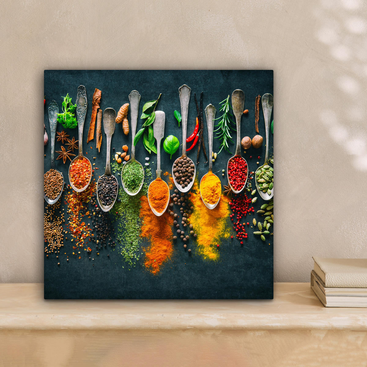 LEINWANDBILD Kräuter - Gewürze - Löffel Deko Wohnzimmer 20x20 cm - Currygelb, Textil (20/20cm) - MuchoWow