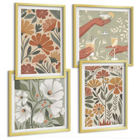 BILDER SET 4er Set - 50x50 cm & 40x60 cm Goldrahmen - Blumenmuster in Orange und Grün - Goldfarben, Kunststoff (50/50cm) - TULUP