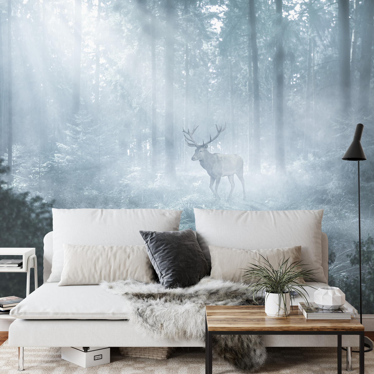 FOTOTAPETE für Wohnzimmer Hirsch Nebelwald Bäume Pflanzen 250x175 - Weiß/Grau, Papier (250/175cm) - Muralo