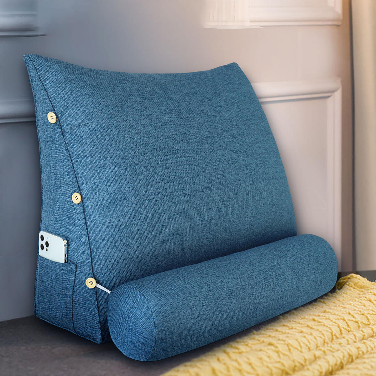 KEILKISSEN mit Nackenrolle Leinenlook Blau 60 cm - Blau, Textil (50/60cm) - Vercart