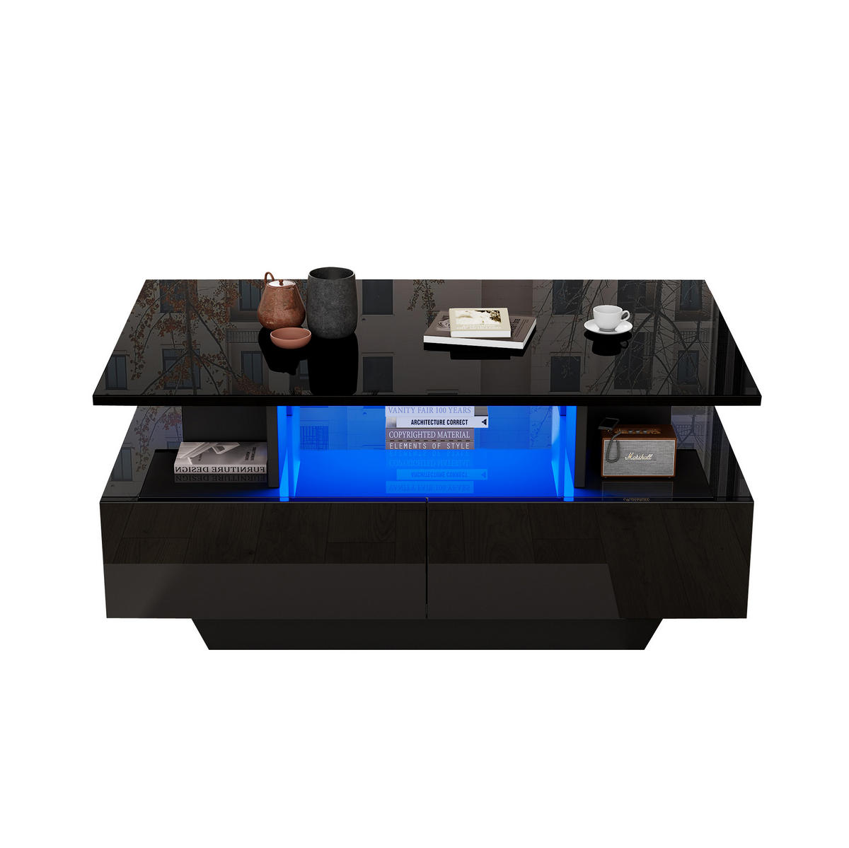 COUCHTISCH, Hochglanz-Spanplatte, 2 Schubladen, integrierte LED, 90/55/41 cm, Schwarz - Schwarz, Holzwerkstoff (90/55/41cm) - Redom