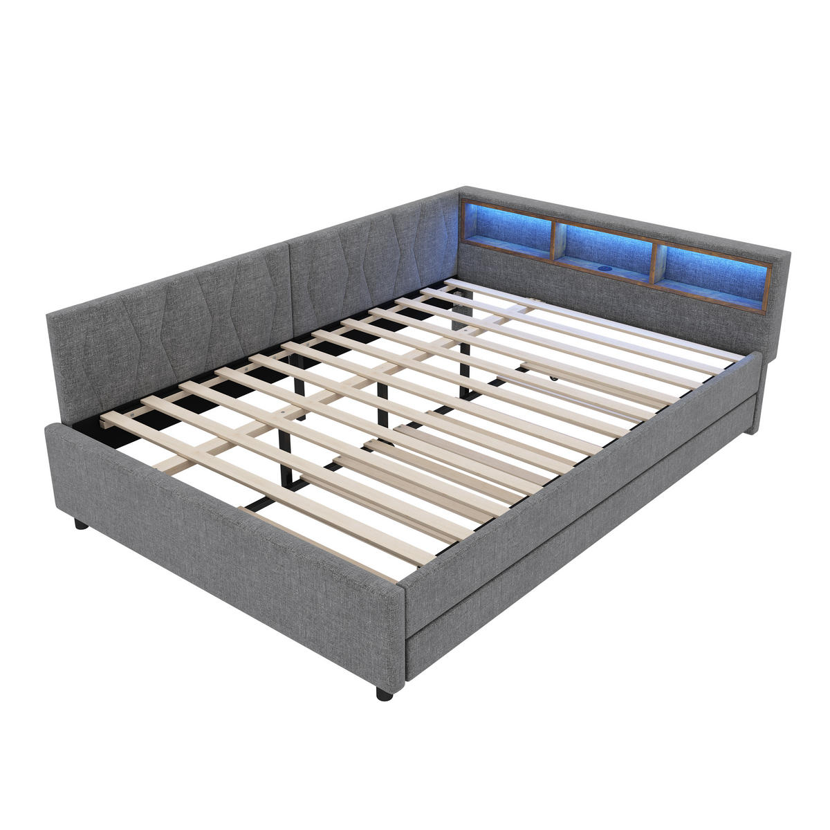 TAGEBETT 140x200cm Grau Leinen USB-C LED-Licht Ausziehbett - Grau, Holz (140/200cm) - FLIEKS