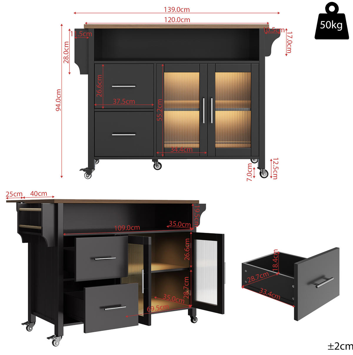 KÜCHENINSEL mit klappbarer Arbeitsplatte 139 x 40/65 x 94 cm Schwarz - Schwarz, Holz (40/94.5/139cm) - Beauniv