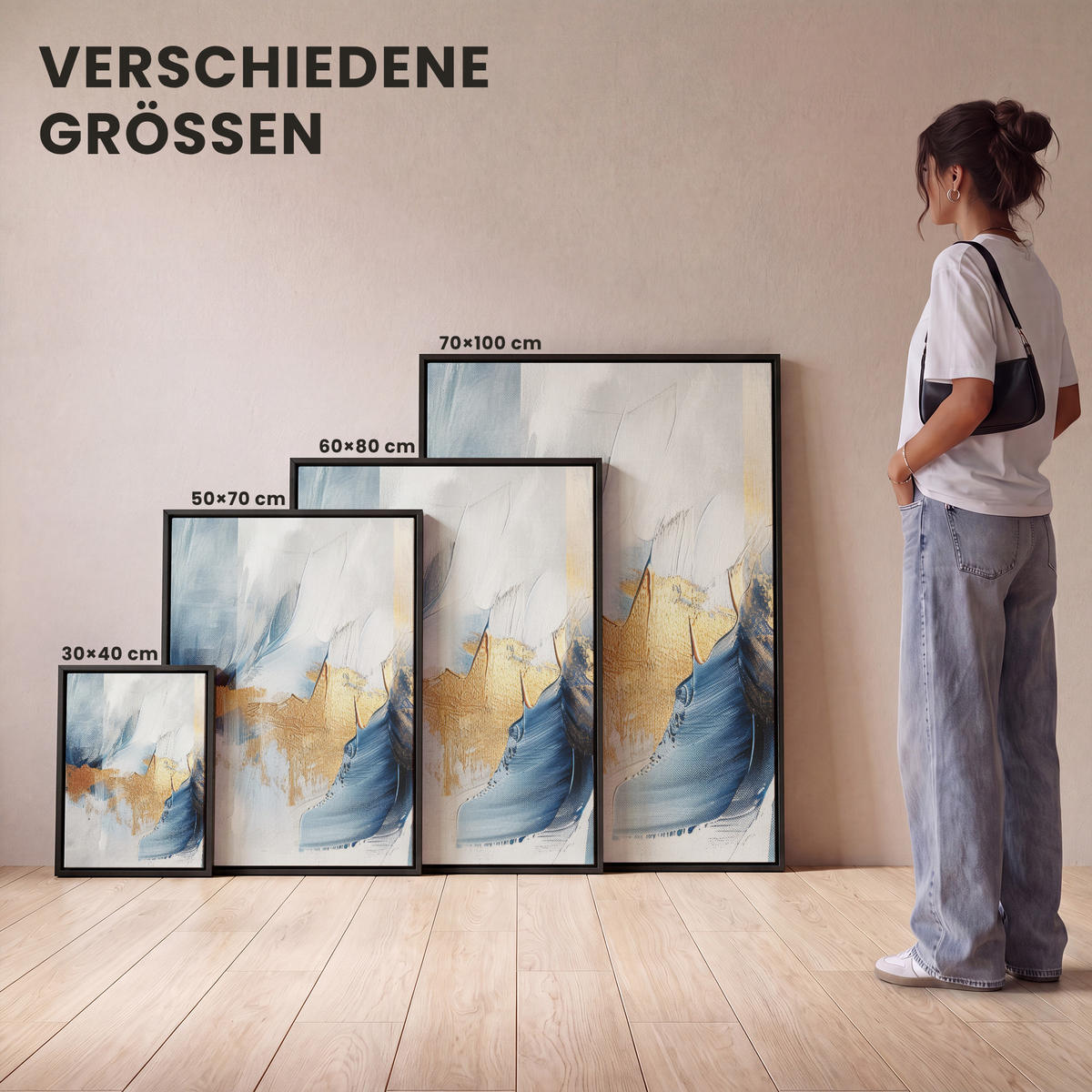 LEINWAND Bilder mit Rahmen - Gold - Blau - Aquarell - Kunst - Modern - 60x80 - Hellblau, Textil (60/80cm) - MuchoWow