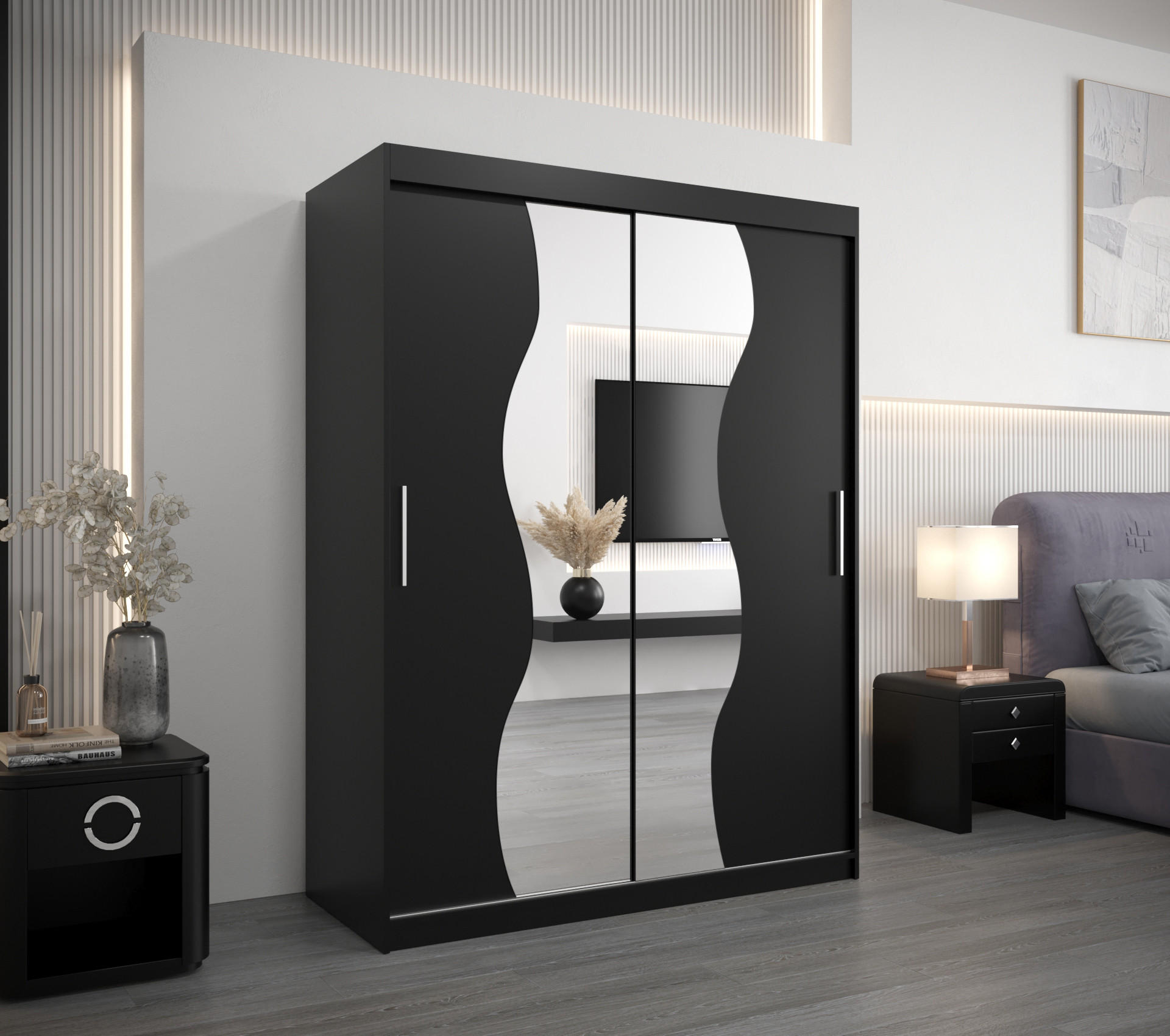 SCHWEBETÜRENSCHRANK 200/150/62 2-türig - Silberfarben/Schwarz, Holz/Kunststoff (150/200/62cm) - MÖBEL KRYSPOL