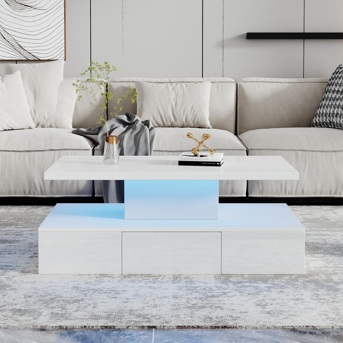 COUCHTISCH 100/50/39 cm in Weiß mit LED-Beleuchtung, Hochglanz und Schublade - Weiß, Holzwerkstoff (100/50/39cm) - Flora Grace