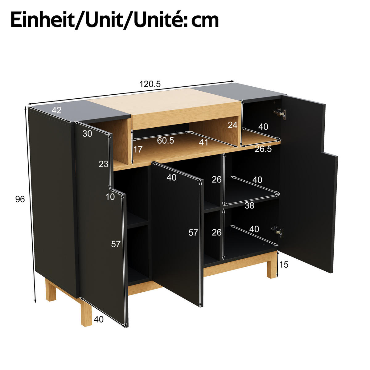 SIDEBOARD 120,5/42/96 cm in Schwarz mit 3 Türen und offenem Fach - Schwarz, Holzwerkstoff (120.5/96/42cm) - Flora Grace