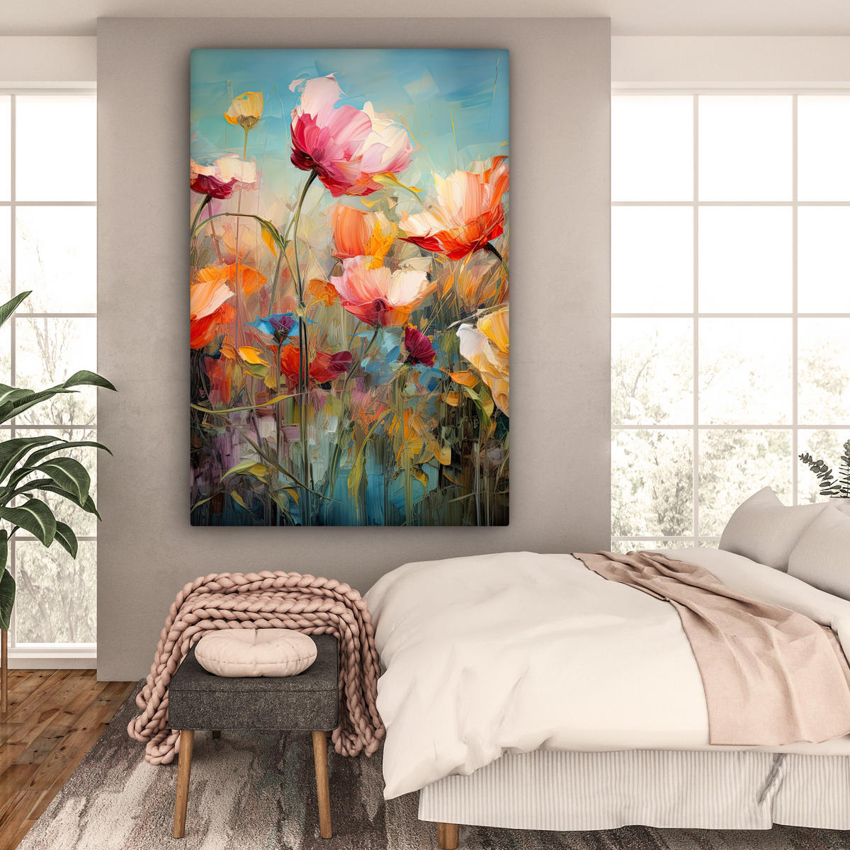 SLIKA NA PLATNU Cvetje 90x140 cm - oranžna, tekstil (90/140cm) - MuchoWow