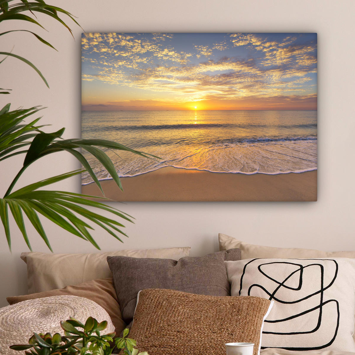 LEINWANDBILD Strand - Sonnenuntergang - Meer Wandbilder 80x60 cm - Gelb, Textil (80/60cm) - MuchoWow