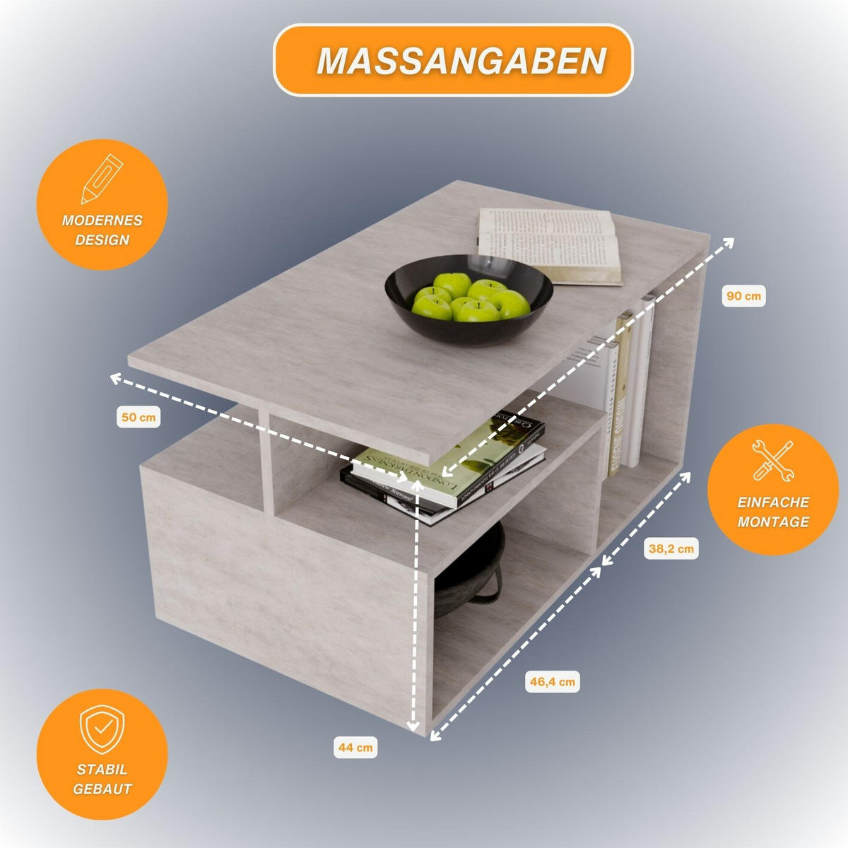 COUCHTISCH Holzwerkstoff rechteckig stabil Beton-Grau 44/50/90cm - Grau, Holzwerkstoff (50/90/44cm) - CraftPAK