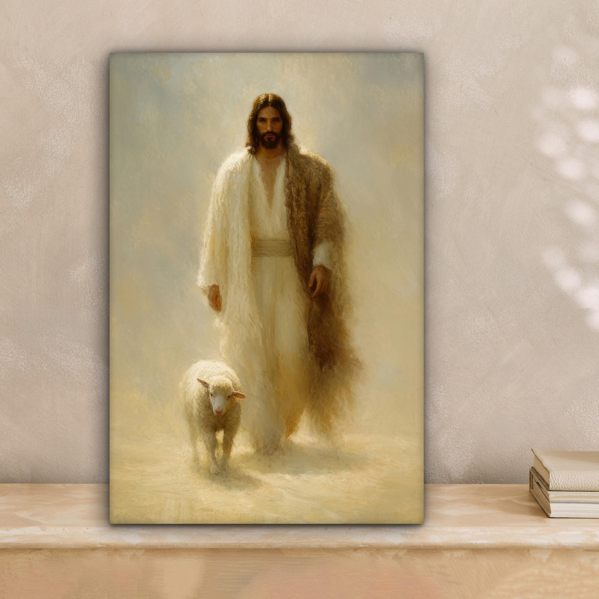 LEINWANDBILD Schaf - Jesus - Pinselstriche - Abstrakt Deko Wohnzimmer 20x30 cm - Sandfarben, Textil (20/30cm) - MuchoWow