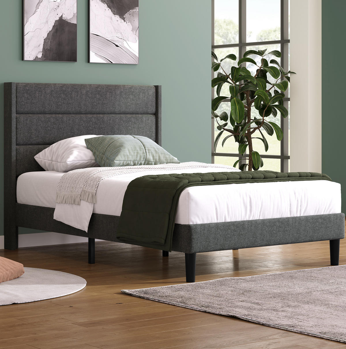 POLSTERBETT 90/200 cm grau mit Lattenrost und gepolstertem Kopfteil - Dunkelgrau, Textil (90/200cm) - OKWISH