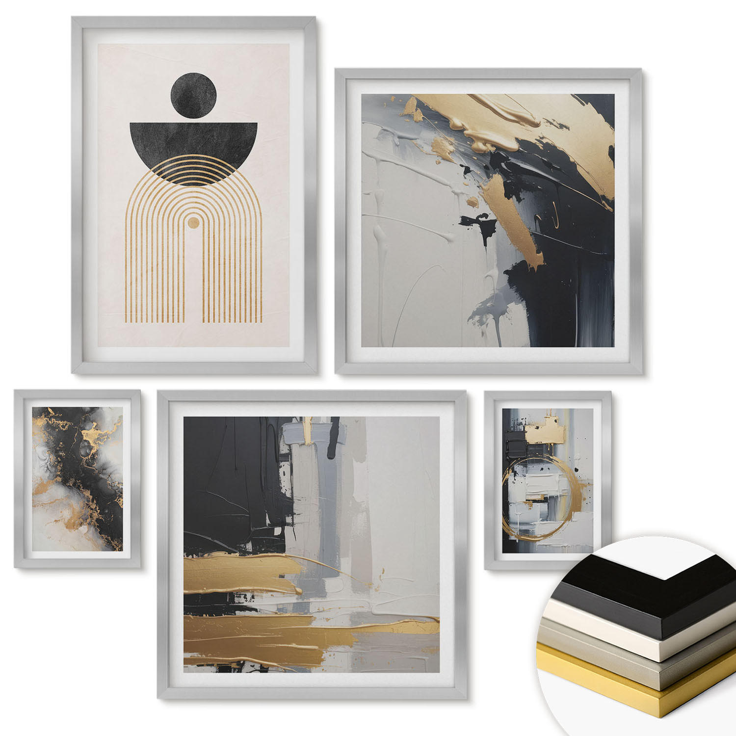 WANDBILDER 5er Set - 50x50 cm & 20x30 cm & 40x60 cm Silberner Rahmen - Abstrakte Geometrie-Komposition - Silberfarben, Kunststoff (40/60cm) - ArtPrintCave