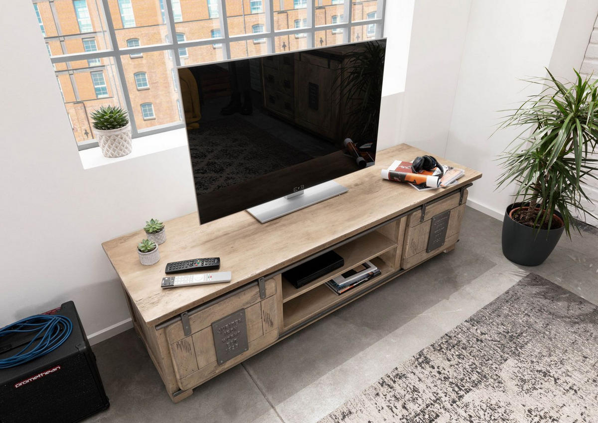 TV-BOARD Mango 180x55x50 whitewash lackiert RAILWAY #335 - Beige, Holz (55/50/180cm) - Massivmoebel24