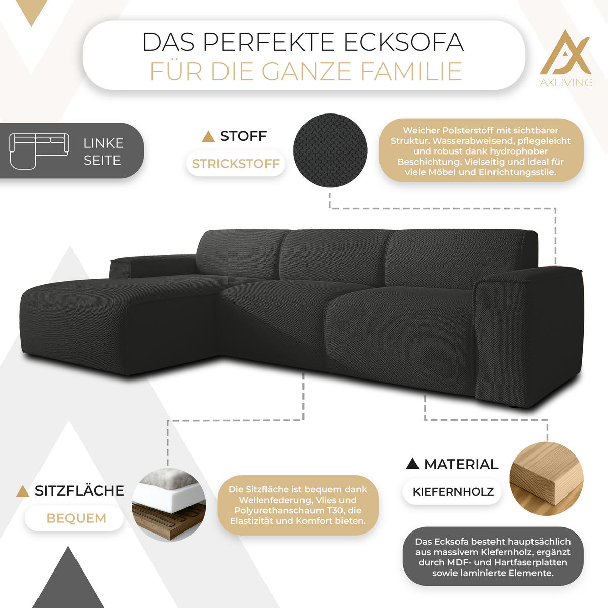 ECKSOFA L Form Didim mini Grau 310/165/78 cm – stilvolle kleine Eckcouch L - Schwarz/Grau, Kunststoff/Textil (165/310cm) - AX Living