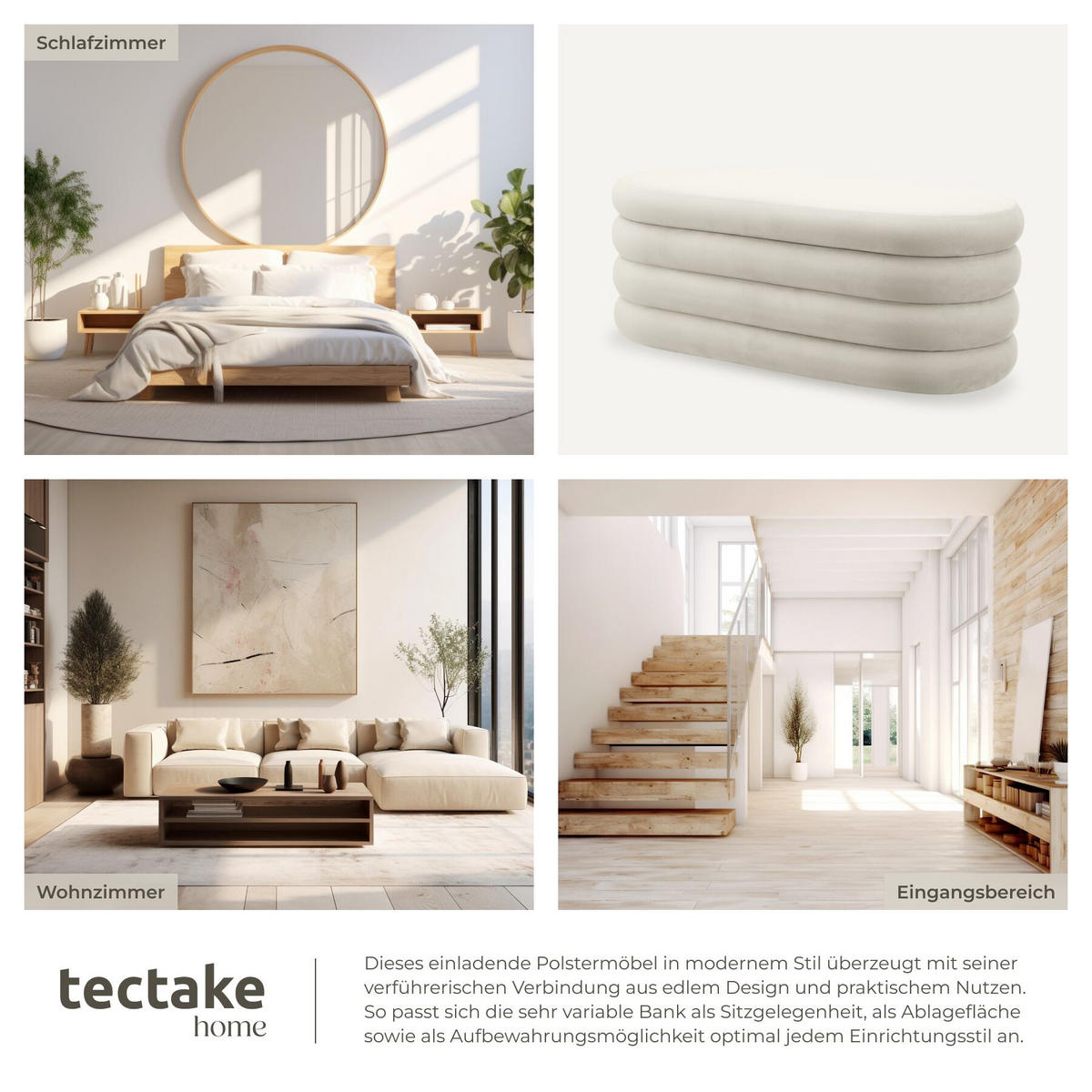 TRUHENBANK Altu,110 x 45 x 42 cm,Samtoptik creme-weiß - Weiß/Samtahornfarben, Holz (110/42/45cm) - tectake