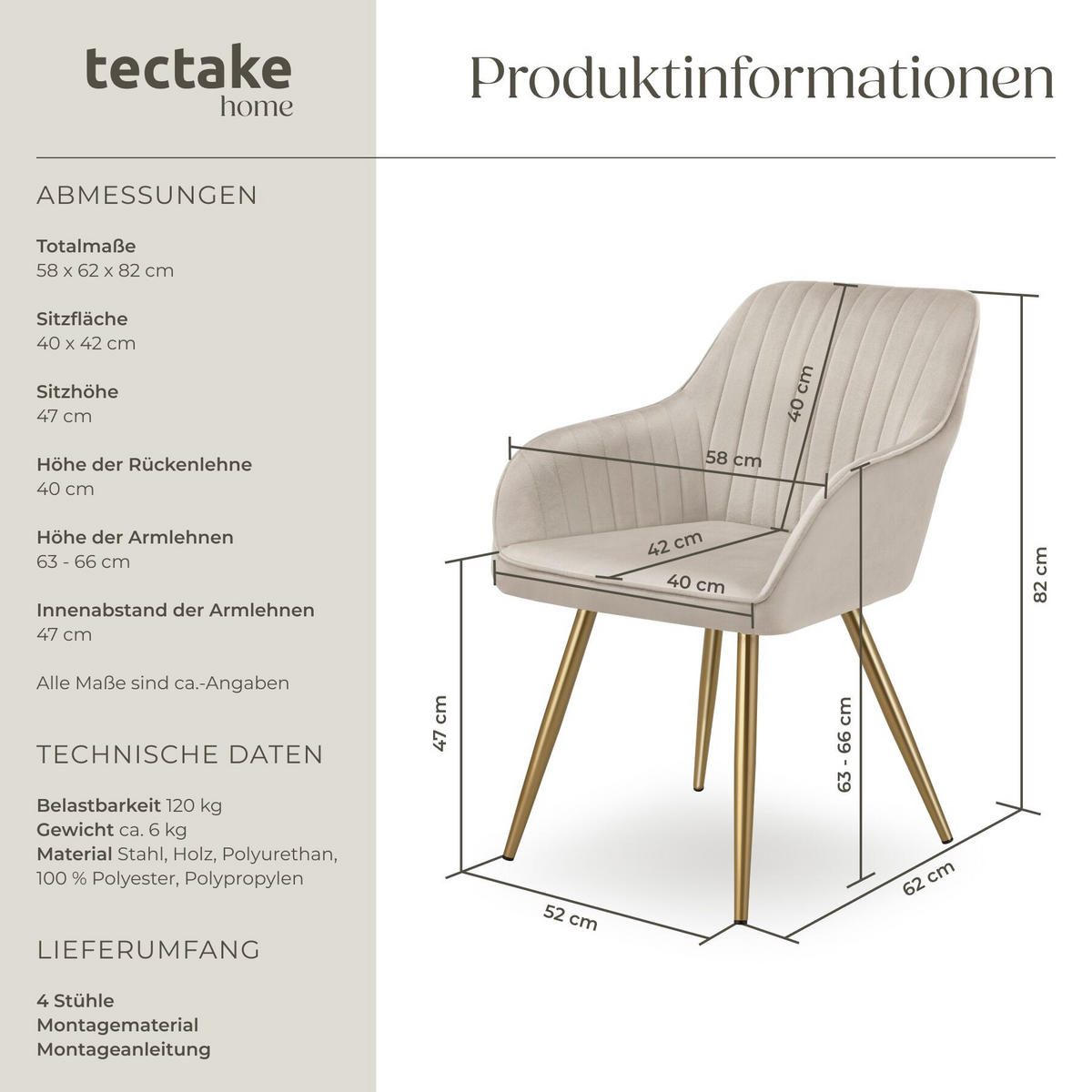 ESSZIMMERSTUHL 4er Set Marilyn,58 x 62 x 82 cm, taupe/gold - Taupe/Goldfarben, Kunststoff (58/82/62cm) - tectake