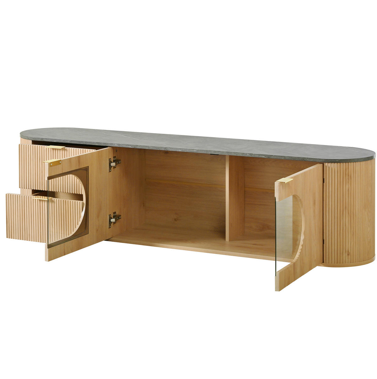 TV-SCHRANK aus MDF und Glas 172x38x45,5 cm Natur mit Stauraum, ovaler Glasvitrine und 3D-Türfronten - Hellbraun, Holzwerkstoff (172/45.5/38cm) - Modfu