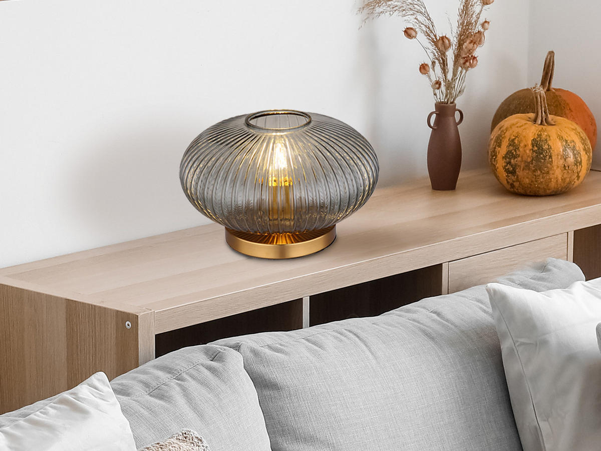 LED-TISCHLAMPE Ø30cm, Lampenschirm Rauchglas - Messingfarben/Grau, Glas/Metall (30/30/20cm) - meineWunschleuchte