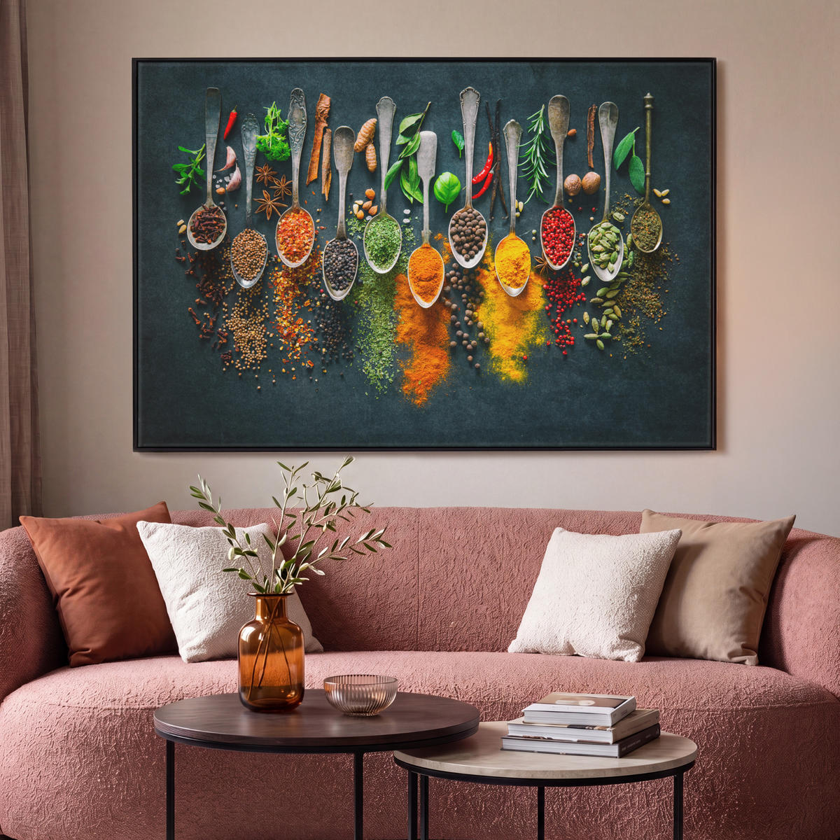 LEINWAND Bilder mit Rahmen - Kräuter - Gewürze - Löffel - 120x80 - Currygelb, Textil (120/80cm) - MuchoWow