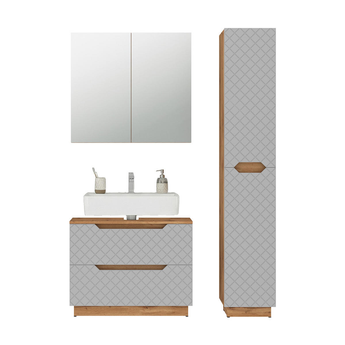 BADMÖBEL-SET Lotta Eiche/Grau mit Kachelstruktur 3 Teile - Eichefarben/Grau, Holzwerkstoff (79.6/62.5/32cm) - Vicco