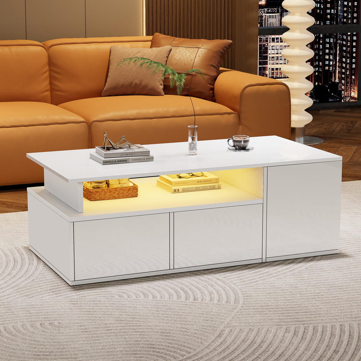 COUCHTISCH aus Spanplatte 100x50x35 cm Weiß mit LED-Beleuchtung und Stauraum - Weiß, Holzwerkstoff (100/50/35cm) - IVMEU