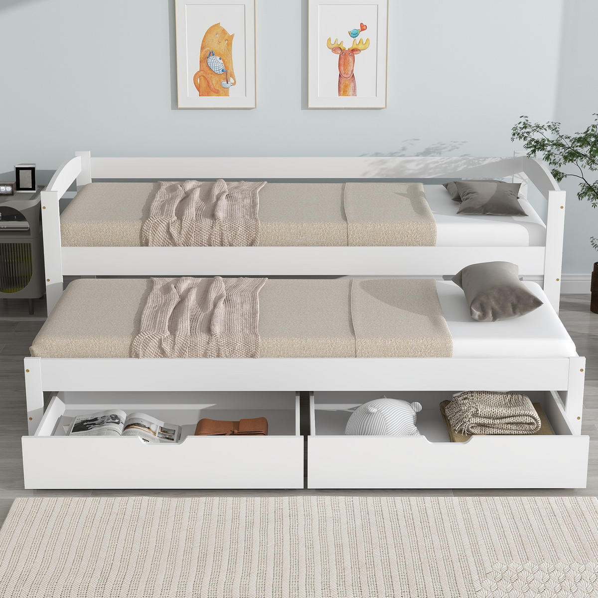 TAGESBETT 200/90 cm mit Ausziehbett 190/90 cm, 2 Schubladen und Massivholzrahmen, Weiß - Weiß, Holzwerkstoff (90/200cm) - Redom