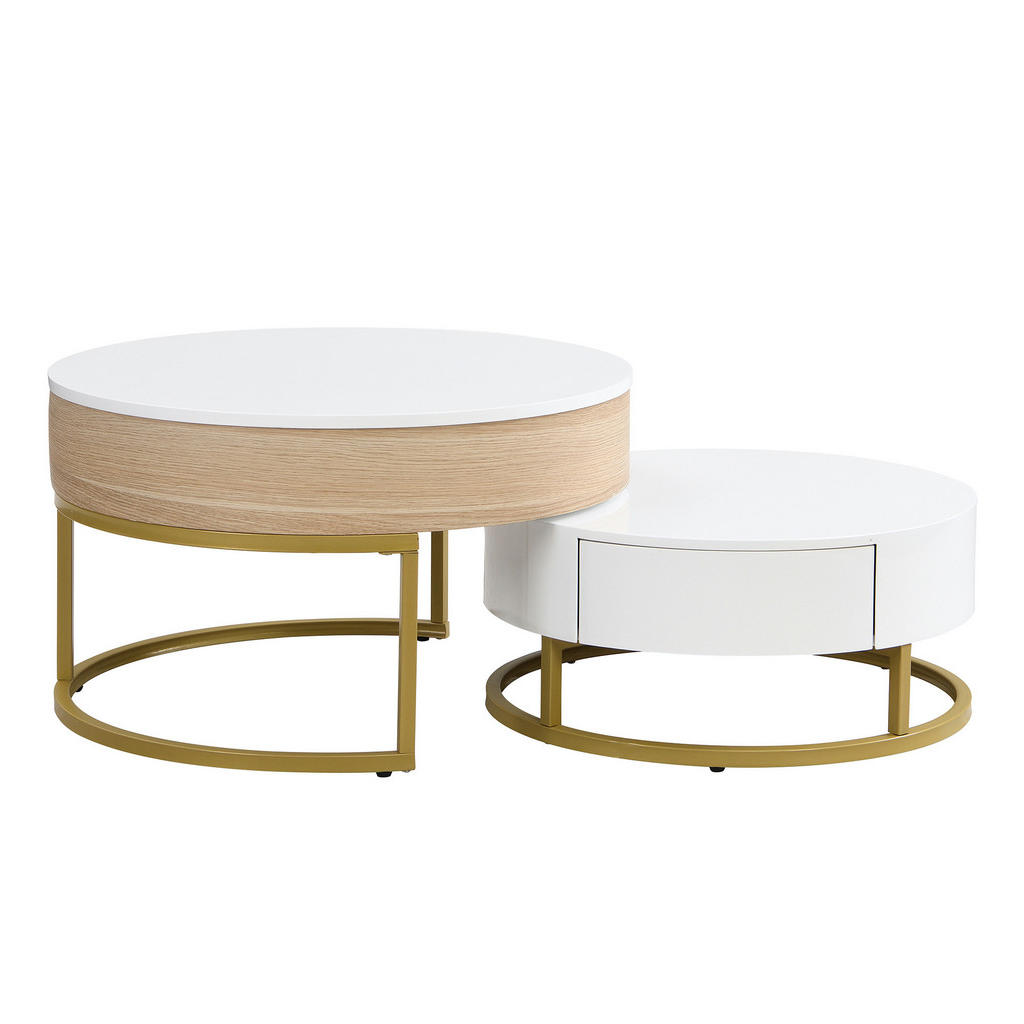OKWISH KONFERENČNÍ stolek 70/70/56 cm bílý a zlatý z MDF s výklopnou deskou a zásuvkou