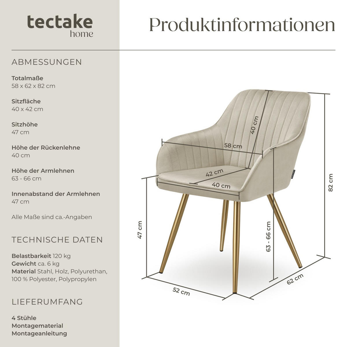 ESSZIMMERSTUHL 4er Set Marilyn 58 x 62 x 82 cm creme/gold - Goldfarben/Creme, Kunststoff (58/82/62cm) - tectake