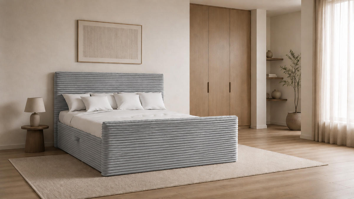BOXBETT Mit Bettkasten Und Topper TRENTO Stoff Plüsch Cord 160x200 cm Hellgrau H2-Pocket - Hellgrau, Holz/Textil (160/200cm) - Kaiser Möbel