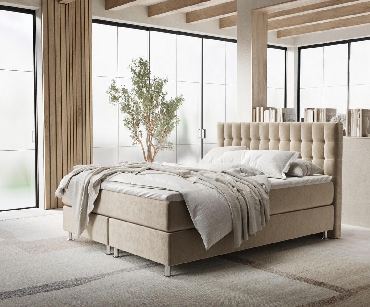 BOXSPRINGBETT Sorrento Beige 200/200 cm mit Latex-Topper - Beige/Silberfarben, Holz/Holzwerkstoff (200/200cm) - Maison de Reve