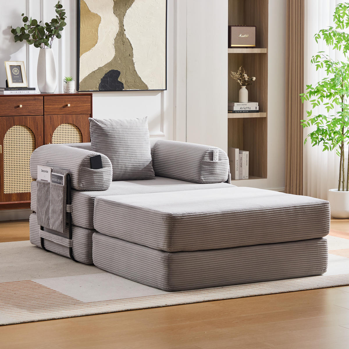 SOFA modular mit Hocker 112 x 190 cm Cord Hellgrau - Hellgrau, Kunststoff (190/67/112cm) - Meubliv