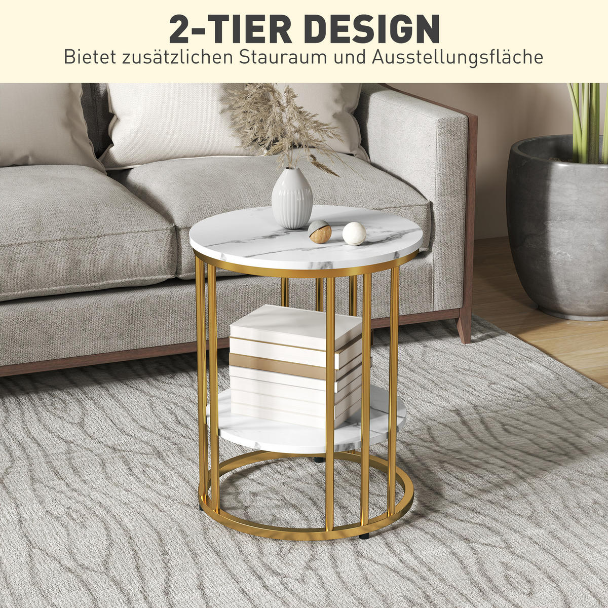 COUCHTISCH rund 2er Set mit Ablage, Weiß - Weiß, Holzwerkstoff (45/45/55cm) - HOMCOM