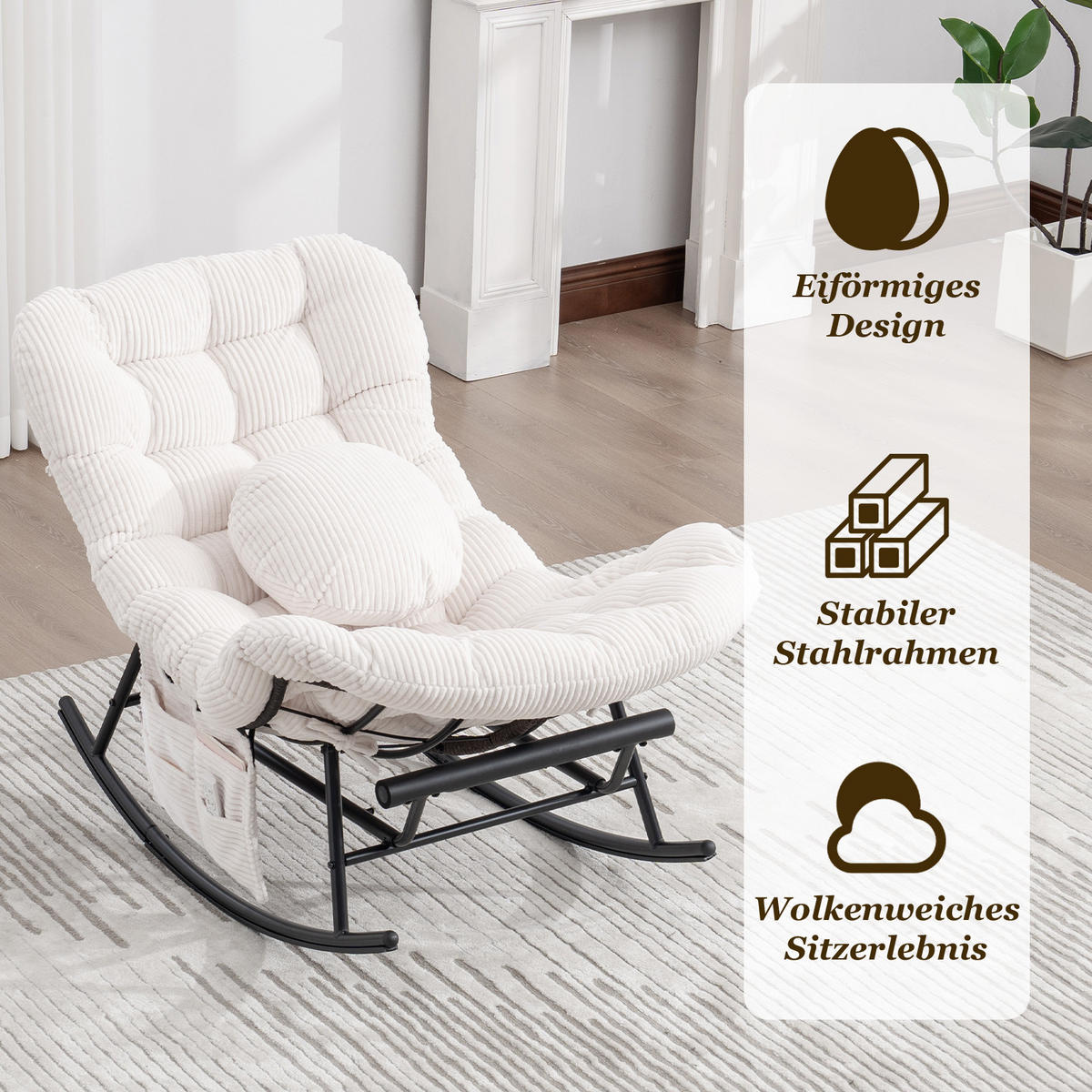 SCHAUKELSTUHL mit Fußstütze,Schaukelsessel XXL Rattanstuhl mit Kissen, Cord, Beige - Beige, Textil (90/78/150cm) - LVHOM