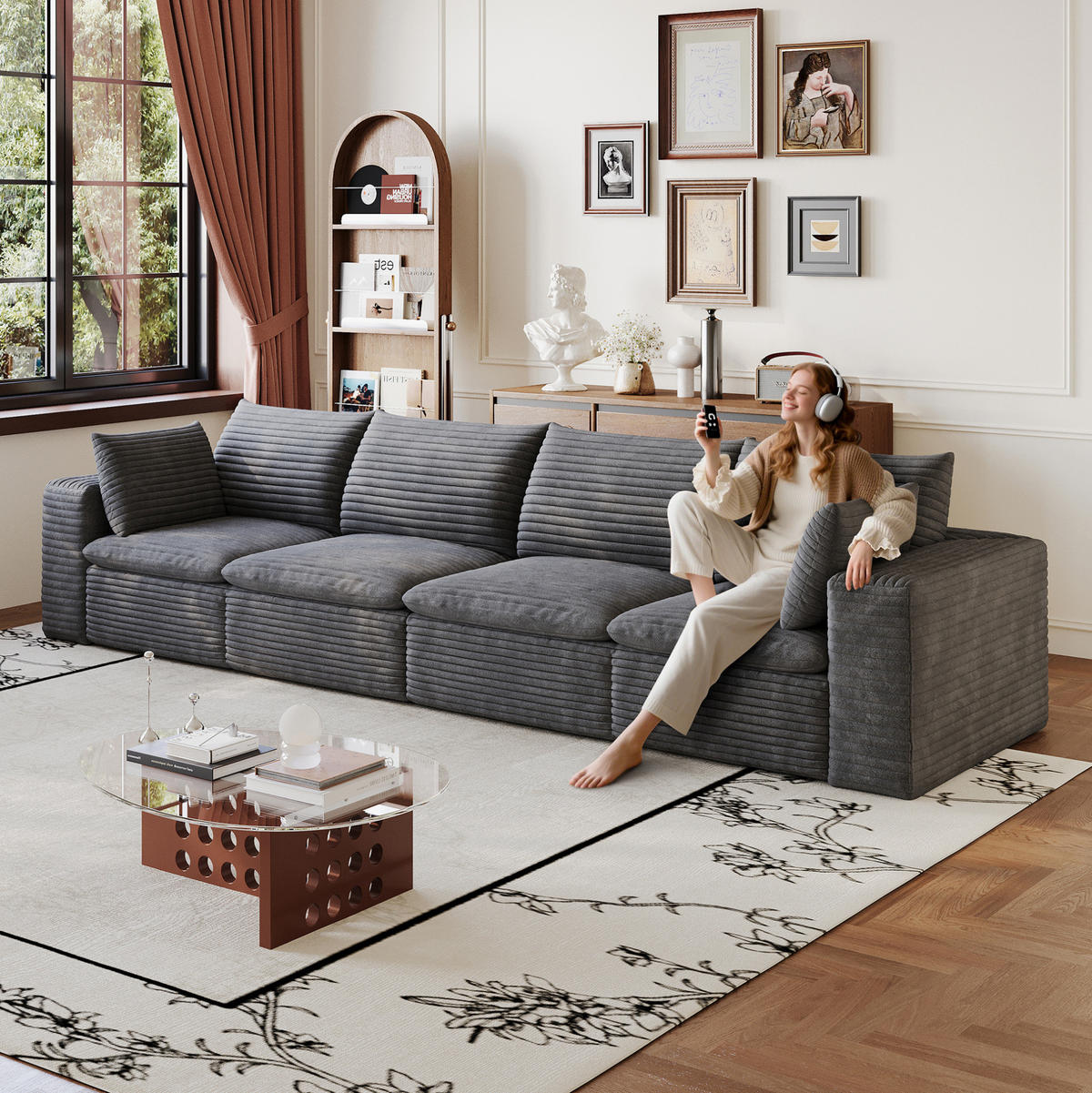 4-SITZER-SOFA aus Stoff Dunkelgrau mit abnehmbarer Polsterung und Schaumstoffkern - Dunkelgrau, Textil (340/60/90cm) - Modfu