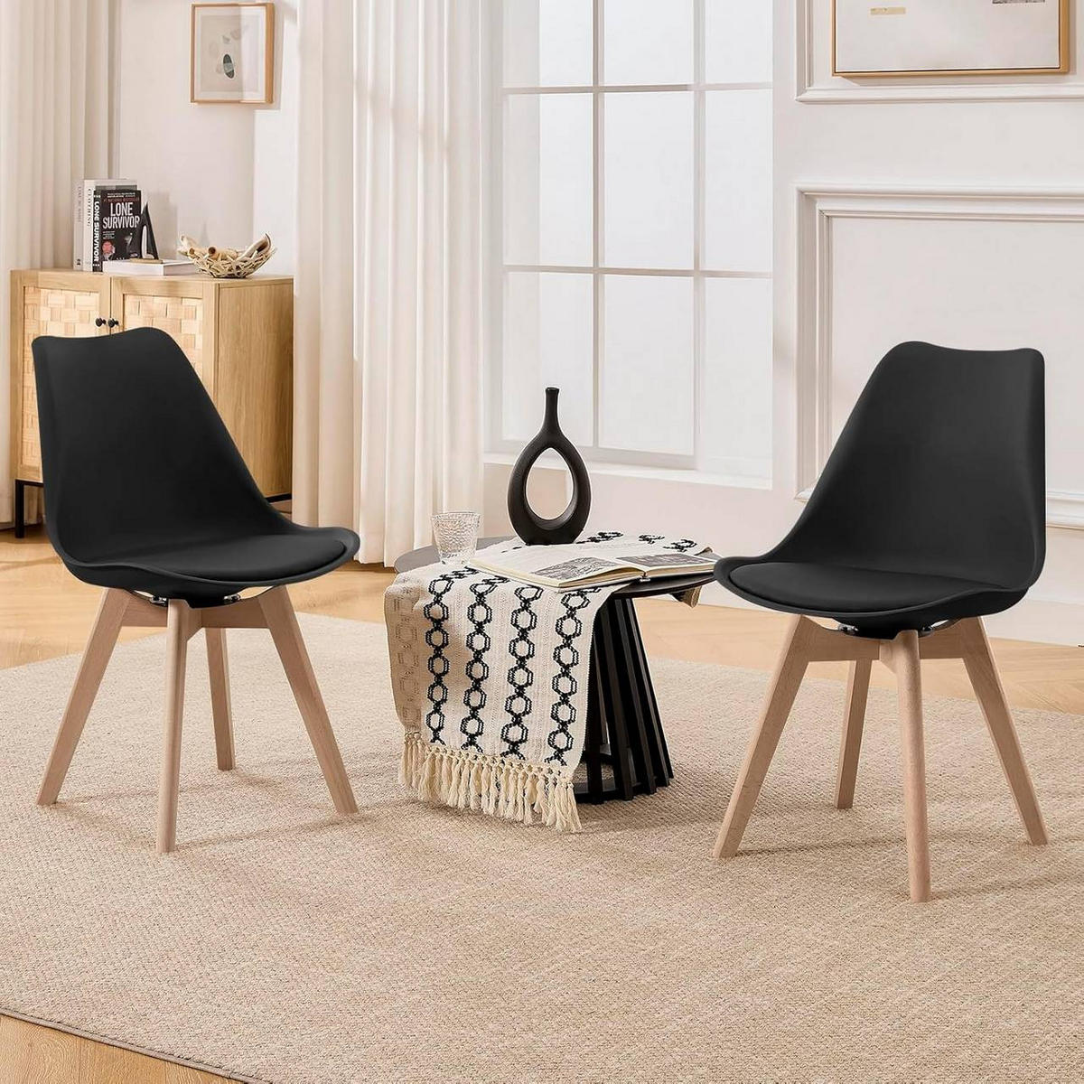 STUHL 2er Set, drehbar, Kunstleder, Massivholz, Schwarz - Buchefarben/Schwarz, Holz/Kunststoff (48/83/58.5cm) - Woltu