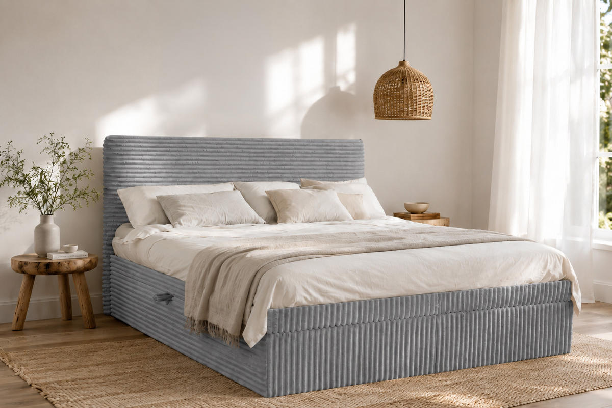 BOXBETT Bettkasten Und Topper TRENTO Ohne Bein Stoff Plüsch Cord 120x200 cm Grau H3-Bonell - Grau, Holz/Textil (120/200cm) - Kaiser Möbel