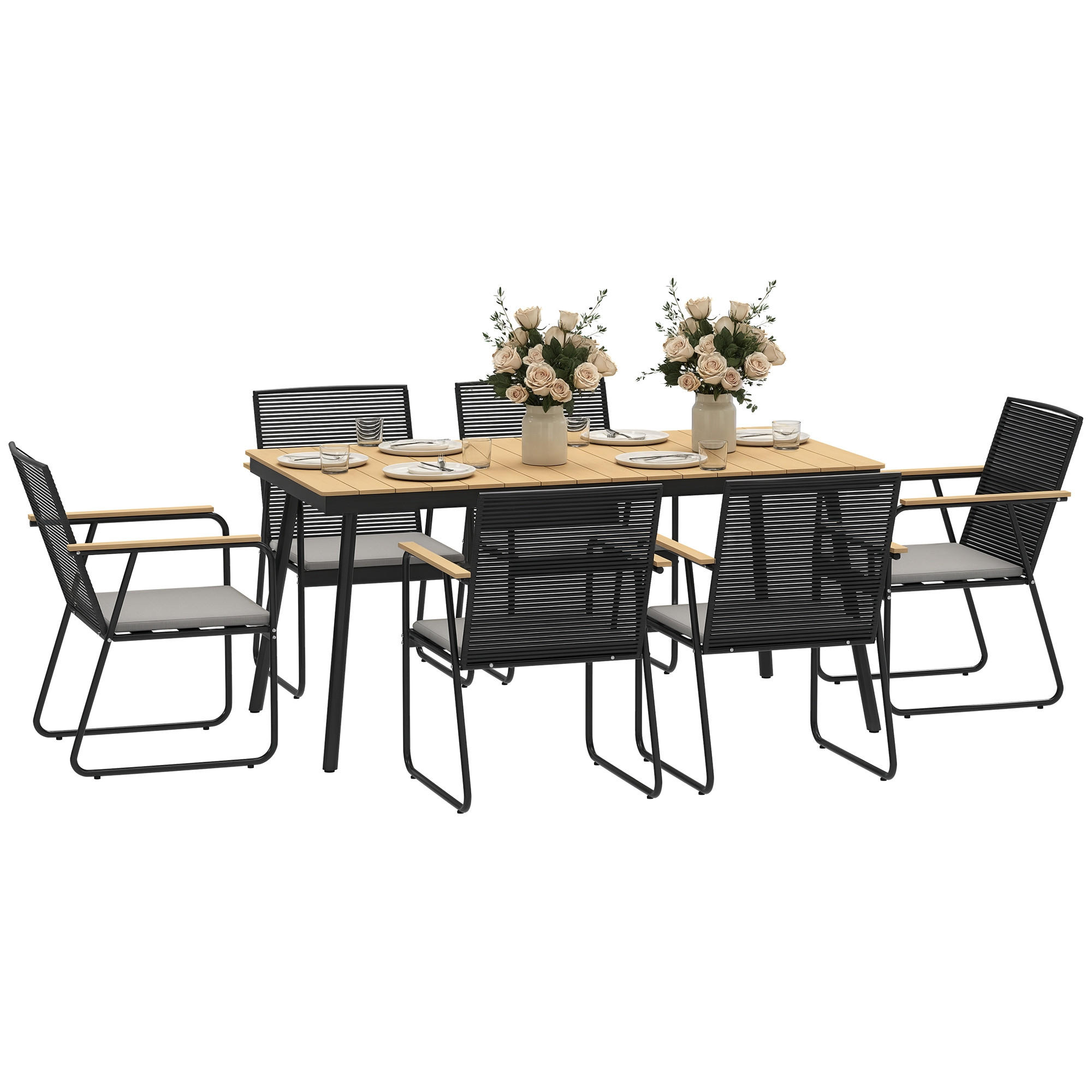 SITZGRUPPE 7-teilig DE-09701 mit Tisch und 6 Stühlen Naturholz+Schwarz - Naturfarben, Metall - ComfortXL