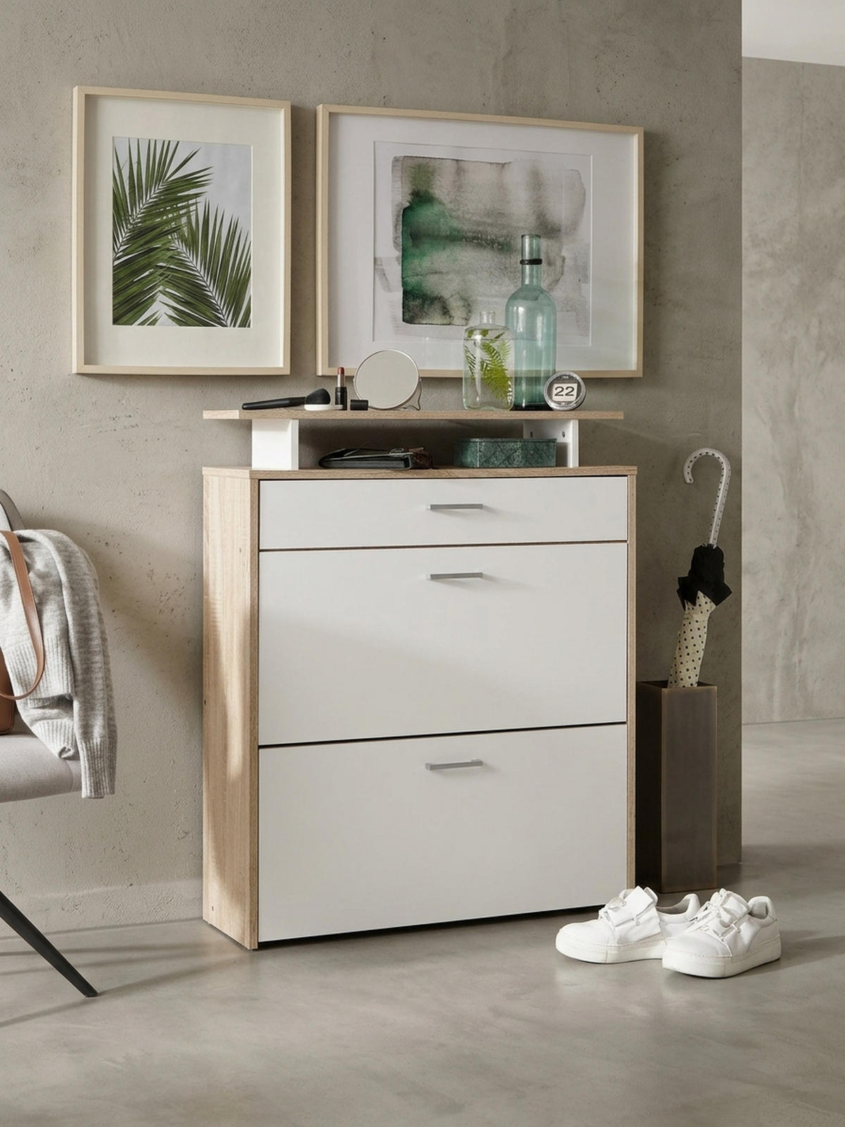SCHUHKIPPER – Sonoma Eiche, 4 Fächer, großzügige Ablage, MDF-Holz - Beige, Holz (80/95/24cm) - KADIMA DESIGN
