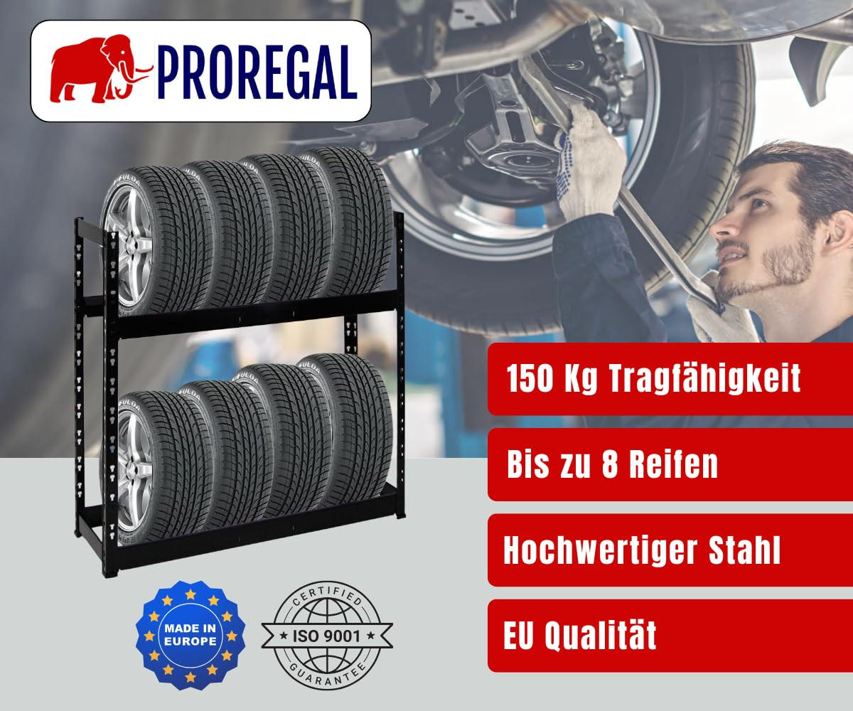 REIFENREGAL Tiger 100x110x35 cm 150 kg Fachlast bis zu 8 Reifen auf 2 Ebenen Schwarz - Schwarz, Metall (110/100/35cm) - PROREGAL