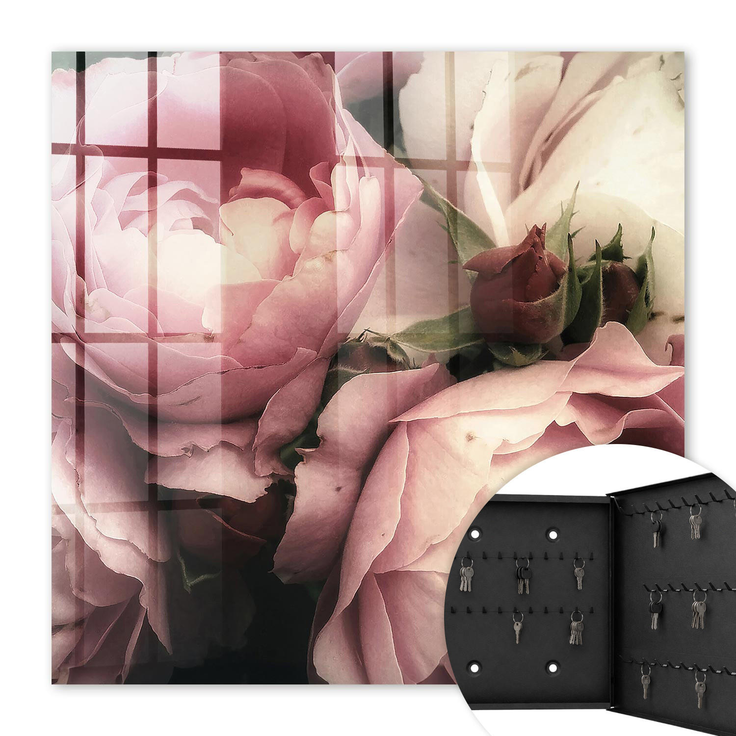 SCHLÜSSELBOX Schwarz 30x30 cm- Türöffnung nach rechts - Rosenschönheit - Pink, Metall (30/30/5cm) - TULUP