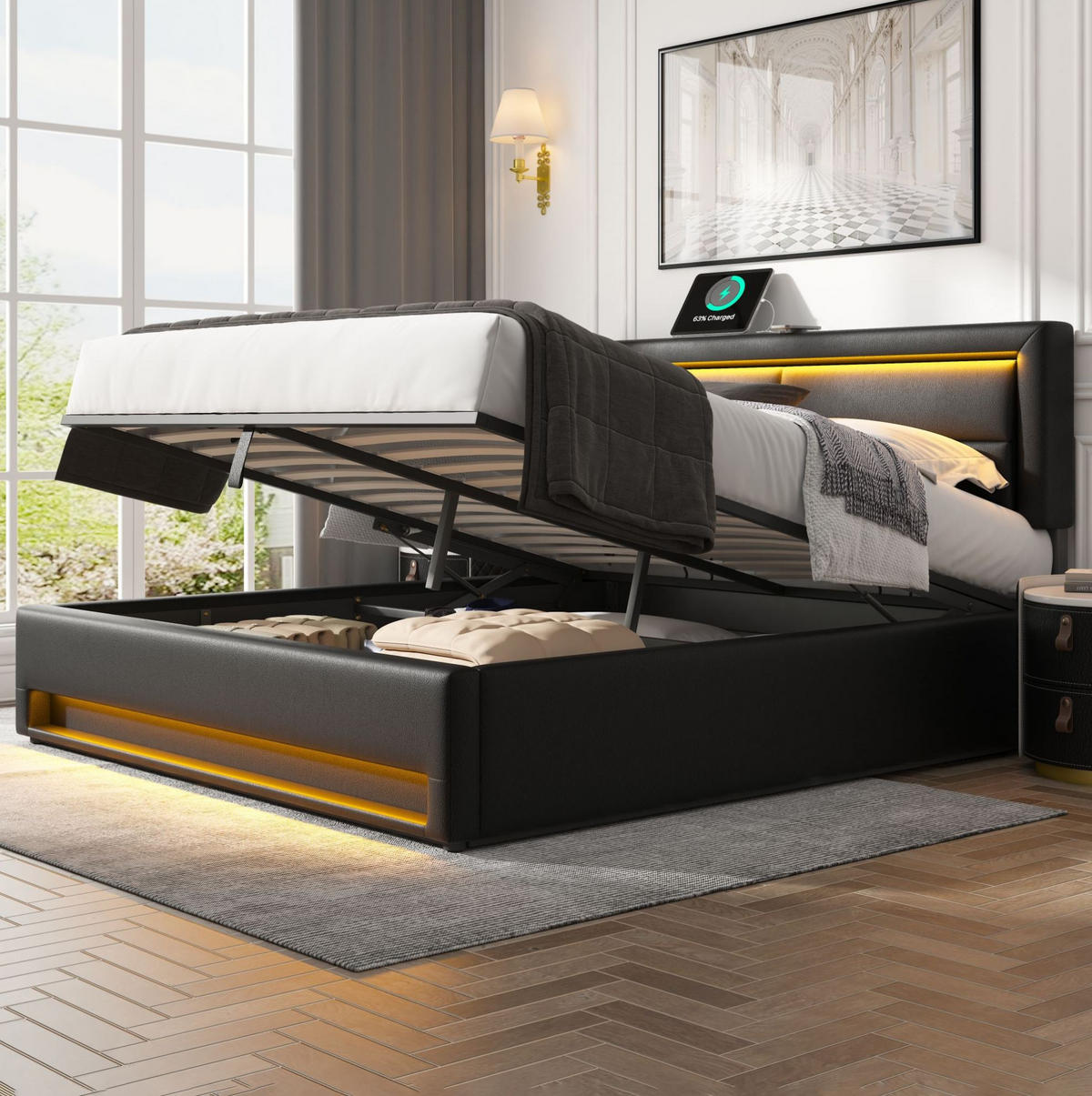 POLSTERBETT aus Kunstleder 140x200 cm in Schwarz mit LED & USB-Ladestation - Schwarz, Leder (140/200cm) - Modfu
