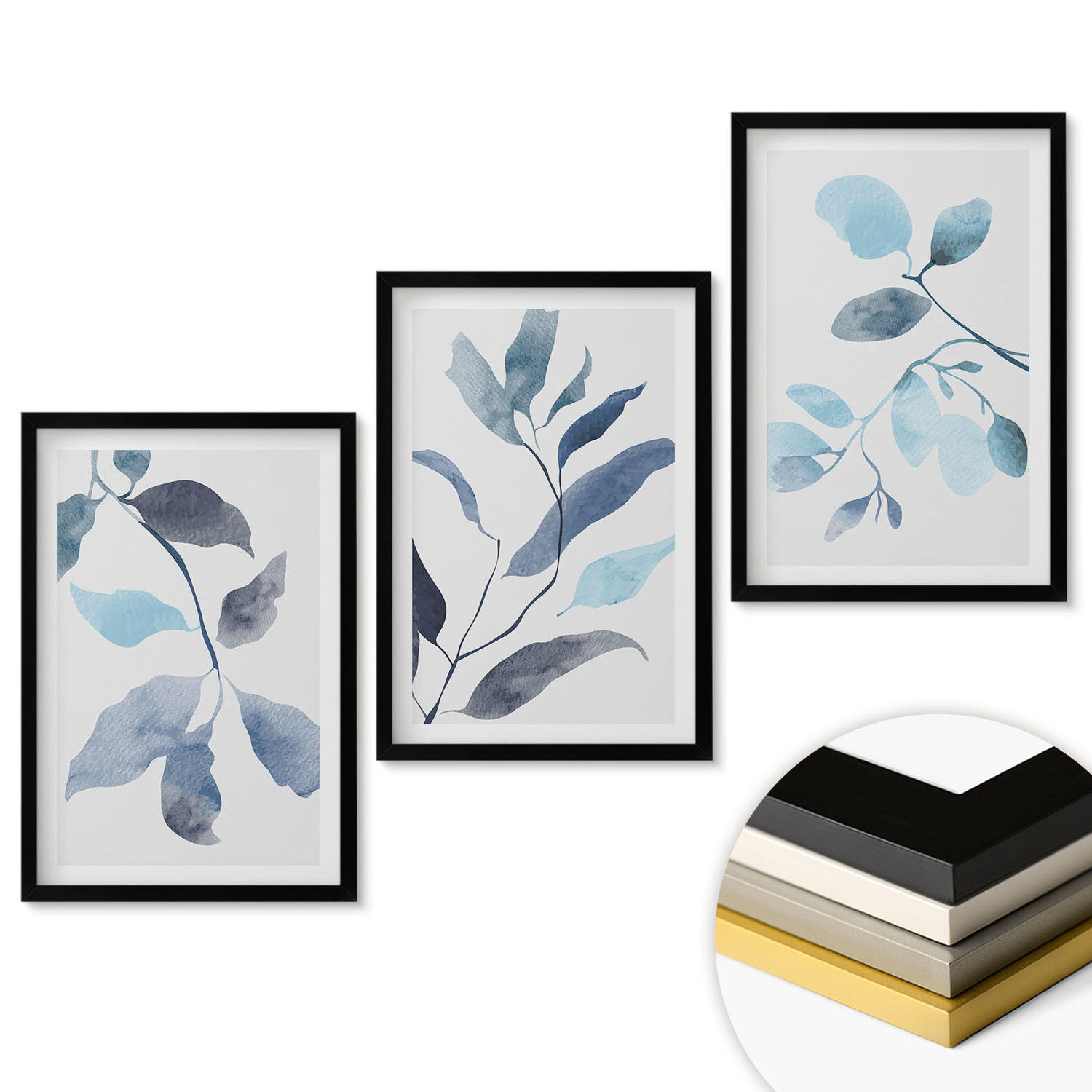 WANDBILDER 3er-Set - 40x60 cm Schwarzer Rahmen - Aquarell von blauen Blättern - Schwarz, Kunststoff (40/60cm) - ArtPrintCave