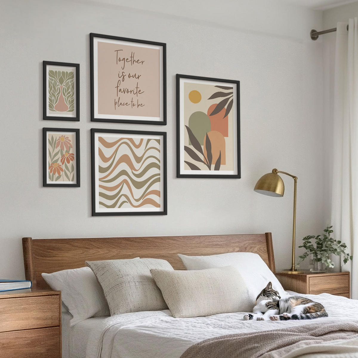 WANDBILDER 5er-Set - 50x50 cm & 20x30 cm & 40x60 cm Schwarzer Rahmen - Abstrakte Pastellblumen - Schwarz, Kunststoff (40/60cm) - ArtPrintCave