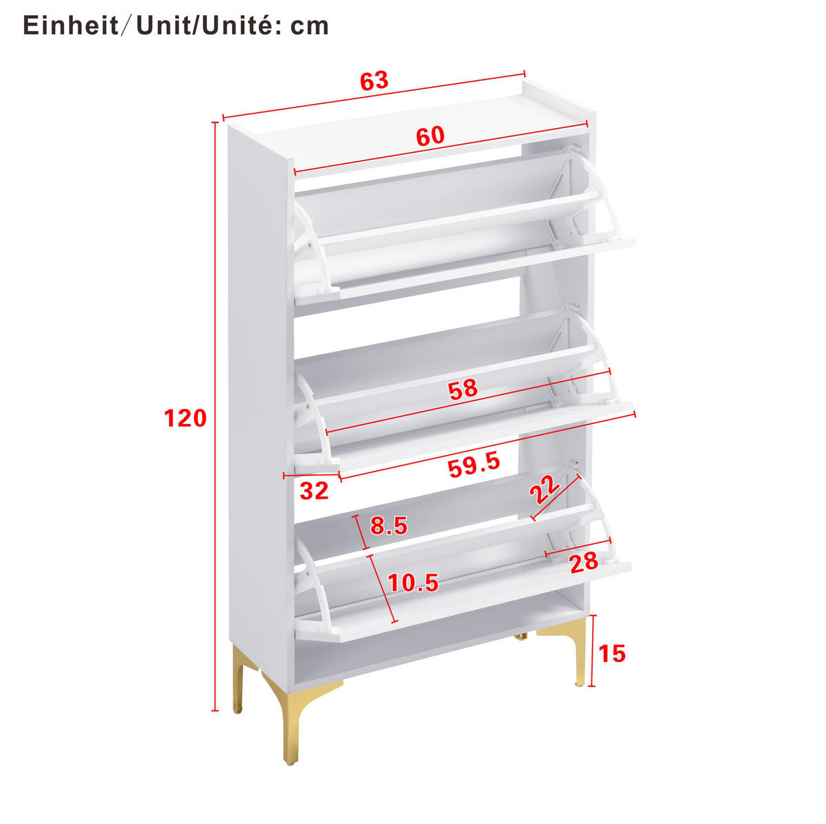 SCHUHSCHRANK 63/24/120 cm aus MDF mit 3 Klappen, staubdichtem Stauraum und goldfarbenen Metallbeinen, Weiß - Weiß, Holzwerkstoff (63/120/24cm) - Redom