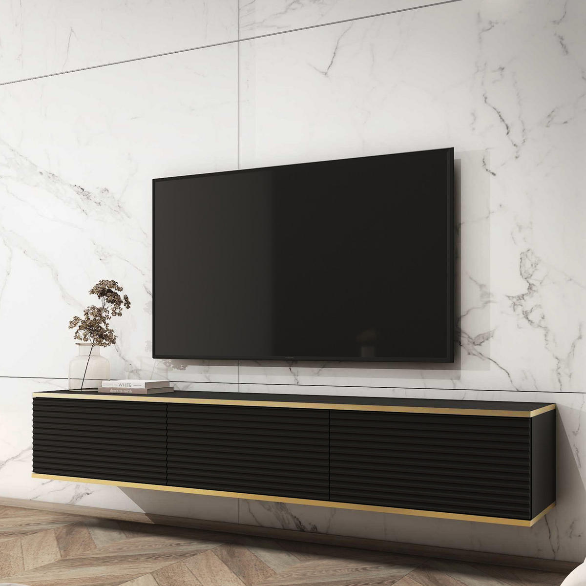 TV-BOARD FORNO (Hängend, Schwarz, Rillenfront, Goldene Details, 3 Klapptüren, 175 cm) - Schwarz, Holz/Holzwerkstoff (175/30/32cm) - Ravio