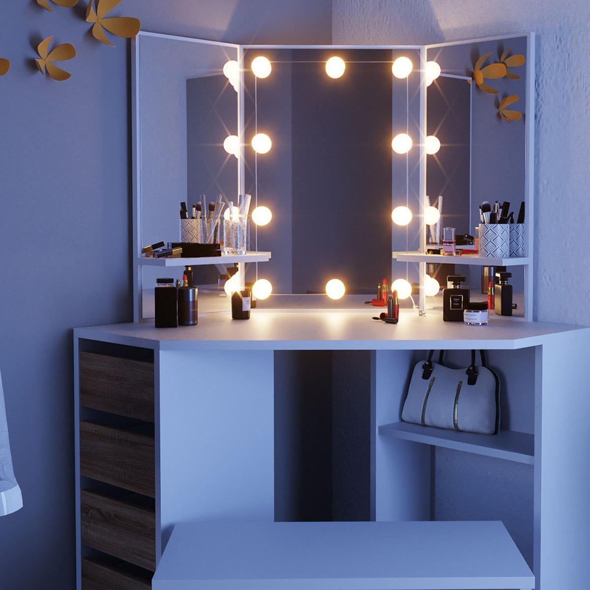 ECKSCHMINKTISCH Arielle Weiß/Sonoma 110 cm mit LED Beleuchtung und Bank - Weiß/Sonoma Eiche, Holzwerkstoff (110/141.5/54cm) - Vicco