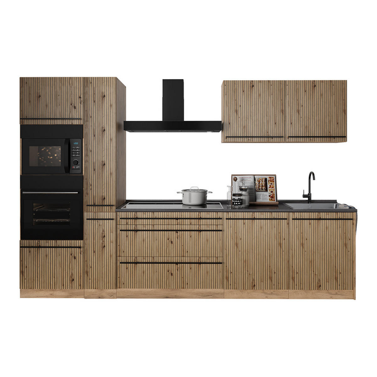 KÜCHENZEILE R-Line, Artisan-Eiche/Goldkraft Eiche, 310 cm ohne Arbeitsplatte - Honigeiche/Eiche Artisan, Holzwerkstoff (310/206.8/46cm) - Vicco